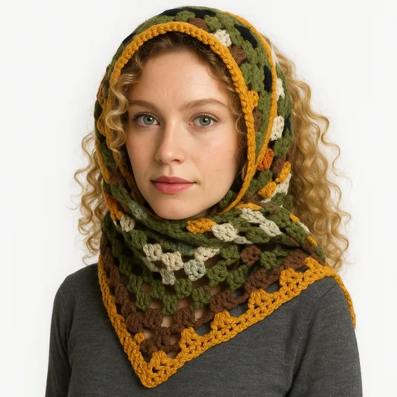 12-in-1 Granny Square Unique Shawl Cape Multicolor Crochet Wrap Fall Layering - Picture 5 of 17